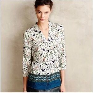 Maeve Anthropologie Blouse Woodland Walk Owl Bird Butterfly Buttondown size 4
